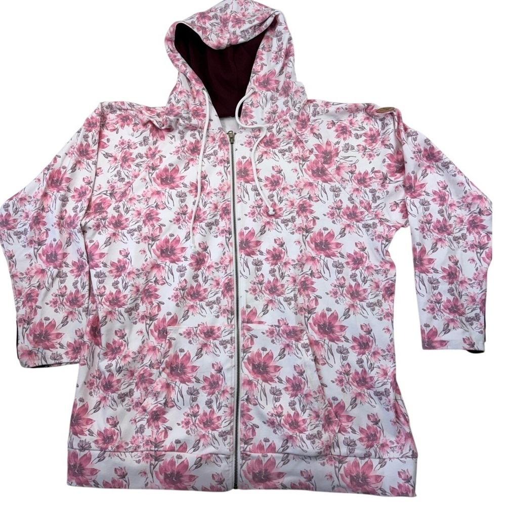 Michelle Mae Floral Zip Up Hoodie Maroon Trim Pink Flora 3XL